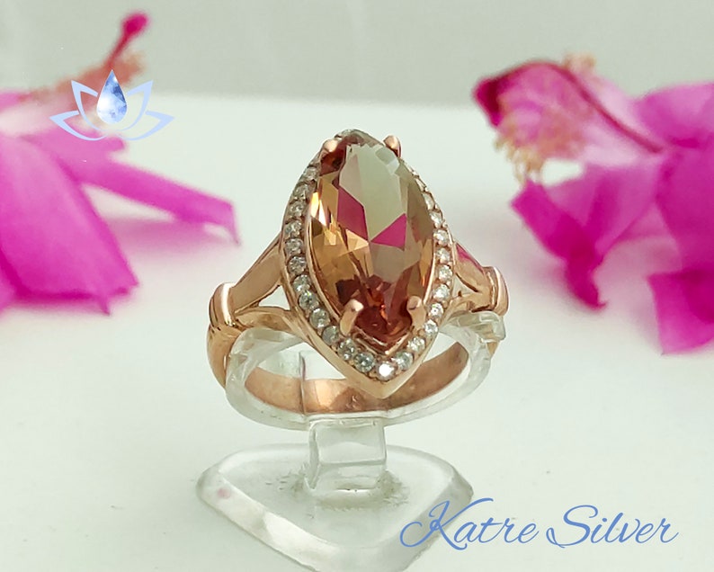 Bague de fiançailles halo taille marquise, diaspore turque, bague aux couleurs changeantes, bague marquise, bague halo, bague sultanite, cadeau pour elle image 5