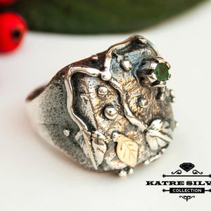 Handmade Sterling Silver Emerald Ring: Gold Leaf Design image 1
