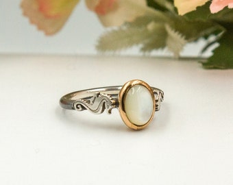 Vintage Mother of White Pearl Ring, Seahorse Pattern Handmade Jewelry