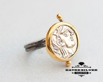 Gold Plated Ancient Coin Ring: Handmade Sterling Silver Statement Ring