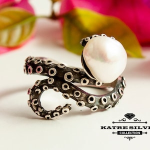 Handmade Sterling Silver Octopus Ring: Pearl Nautical Jewelry