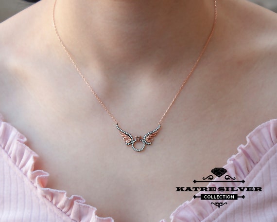 Dainty CZ Inlaid Crown Heart Angel Wings Necklace – ArtGalleryZen