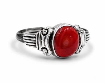Anel de coral vermelho em prata de lei 925, joia de estilo antigo, presente com pedra preciosa natural.