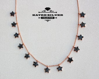 Onyx Star Dangle Necklace: Rose Gold Plated Sterling Silver
