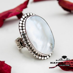 Handgemachte Sterling Silber Weiß Muschel Statement Ring - Boho Bali Stil