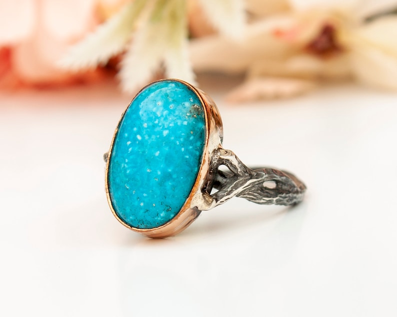 Large Raw Turquoise Ring, Precious Stone, Dainty Ring, Turquoise Stacking Ring, Blue Teal Ring, December Birthstone Ring, Birthday Gift image 5