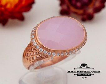 Statement Rose Quartz Ring, Pink Quartz Ring, Sterling Silver Ring, Pink Ring, Quartz Ring, Pink Stone Ring, Gift for Her