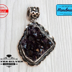 Raw Amethyst Pendant: Large Dark Purple Sterling Silver Jewelry