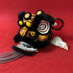 Black-yellow Lion dance head mini 12cm, handmade