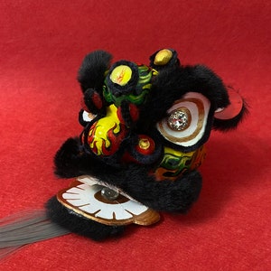 Black-yellow Lion dance head mini 12cm, handmade