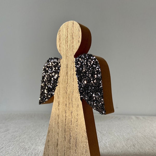 Wooden angel with glitter wings | Black | Glitter | Angel | wood | Christmas angel | Advent decoration | Christmas decoration | Christmas | Guardian Angel