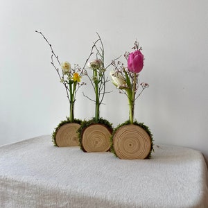 Könnte beinhalten: Drei kleine Glasvasen mit Blumen und Zweigen. Jede Vase steht auf einem Holzsockel, der mit grünem Moos bedeckt ist. Die Blumen umfassen eine rosa Tulpe, weiße und gelbe Blüten.