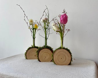 Blumenvase mit Holzscheiben | Vase | Holzscheibe | Frühling | Frühlingsdeko | Osterdeko | Ostern | Hase | Reagenzglas | Hochzeit | Tischdeko