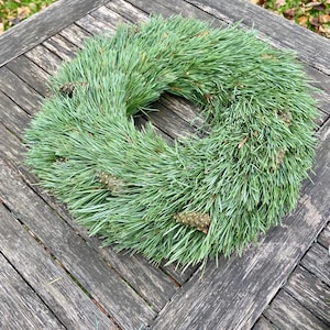 Può includere: Una ghirlanda di pino verde fresco con diverse piccole pigne. La ghirlanda è circolare e poggia su una superficie di legno stagionato. Una decorazione naturale e stagionale.