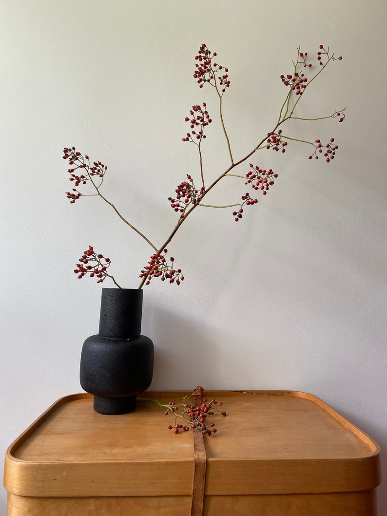 May include: A matte black vase with a cylindrical neck and a rounded body holds a long, branching stem covered in small, round red berries. A second, smaller stem with matching red berries rests horizontally on the surface near the vase base.