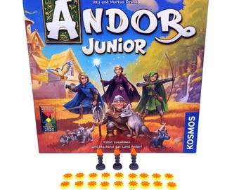 Sonnentoken und Fackeln passend für Andor Junior | 27 Sonnen-Spielsteine und 3 Fackeln | geeignet für die Heldentableaus