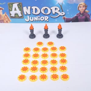 Jetons solaires et torches adaptés à Andor Junior | 27 pièces solaires et 3 torches | adapté aux planches de héros
