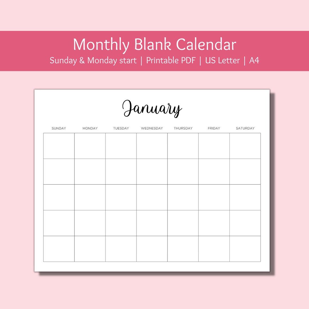 Printable Monthly Blank Calendar - Etsy
