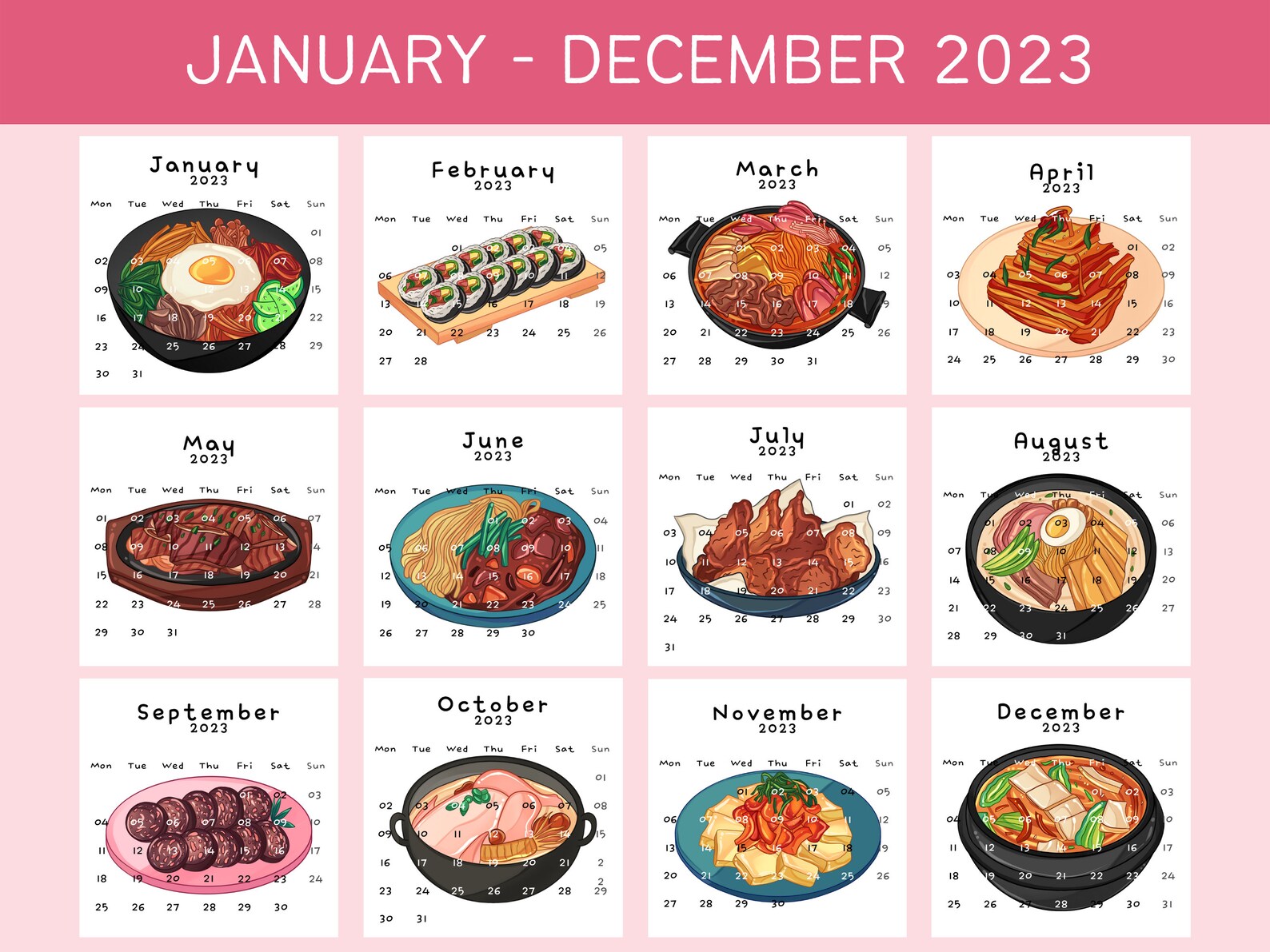 Printable 20222023 Mini Calendar Korean Food Theme Calendar Etsy UK