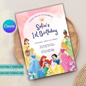 Princess Birthday Invitation, Editable Princess Party Invitation, Princess Party Invitation, Canva Template Princess theme invitation