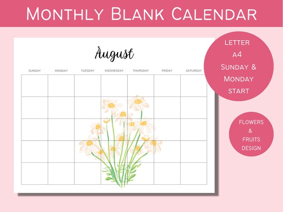 Printable Monthly Blank Calendar - Etsy