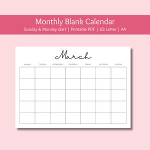 Monthly Blank Calendar, Sunday & Monday Start, 11 x 8.5 inch and A4 size, PDF instant download