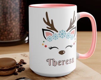 Custom Reindeer Mug for Holiday, Snow Princess Custom Christmas Mug for Kids Hot Cocoa, Custom Text Mug, Girls Personal Name Mug Double Side