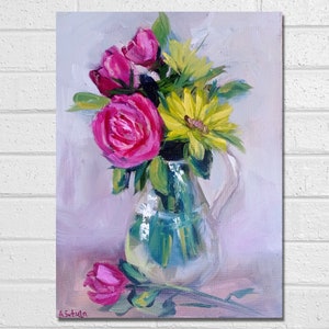 Still life with bright flowers, Abstract flowers in a vase  ,Floral Original Painting , Wall Decor Oil Painting Roses