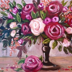 Vintage Love Acrylic Painting, Abstract flowers Roses Art, Wall Art, Home Decor Gift Idea Original Painting Still Life Flowers