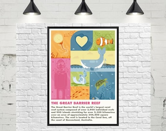 Great Barrier Reef Art Poster, Great Barrier Reef Print Wanddekoration, Great Barrier Reef Sehenswürdigkeiten, Reisekunst, Küchenkunst, Retro Poster