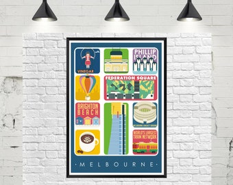 Melbourne Poster, Melbourne Print Wanddekoration, Melbourne Sehenswürdigkeiten, Reisekunst, Küchenkunst, Retro Poster
