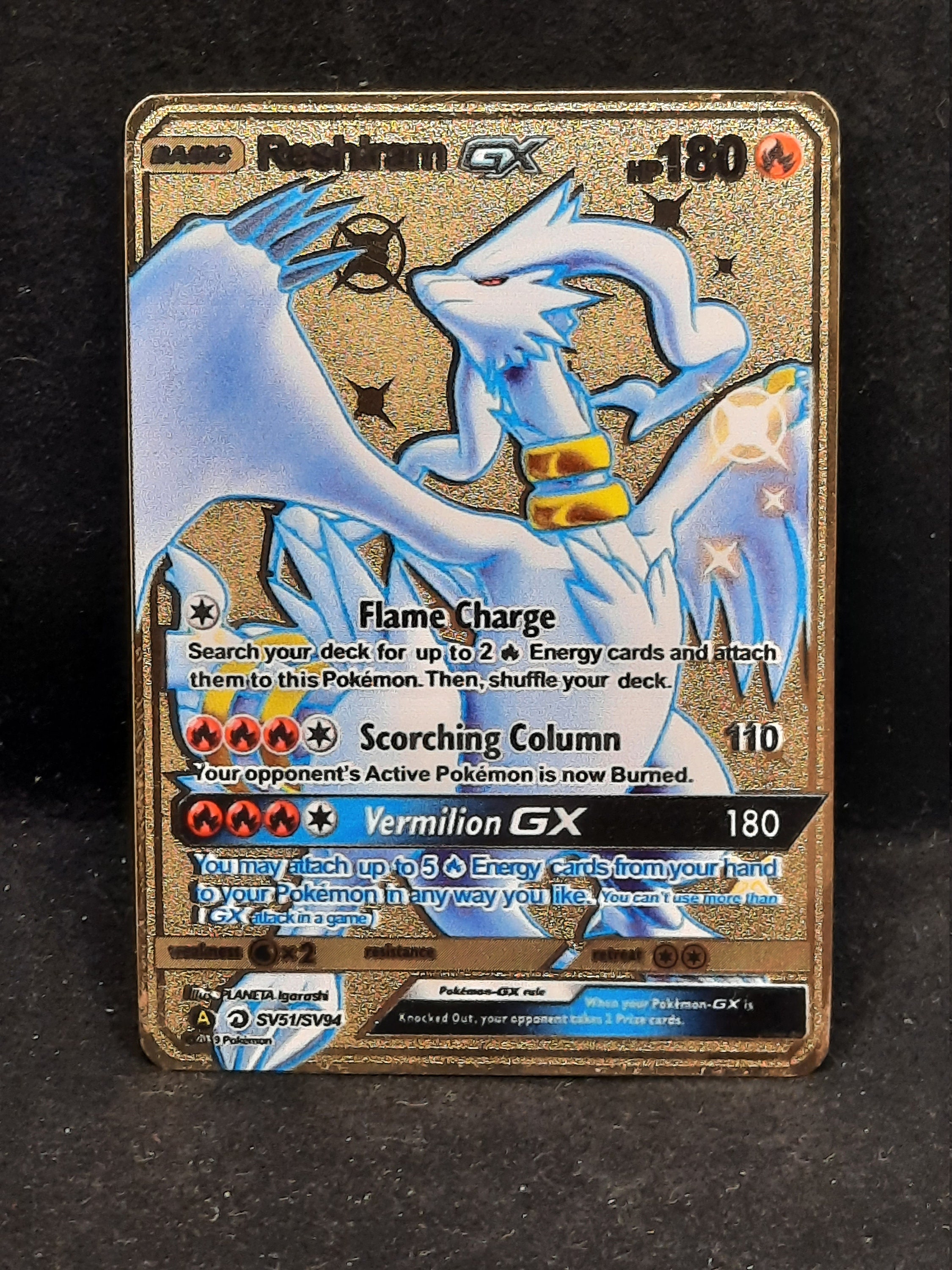 Reshiram GX Shiny Gold Metal Pokemon Card 