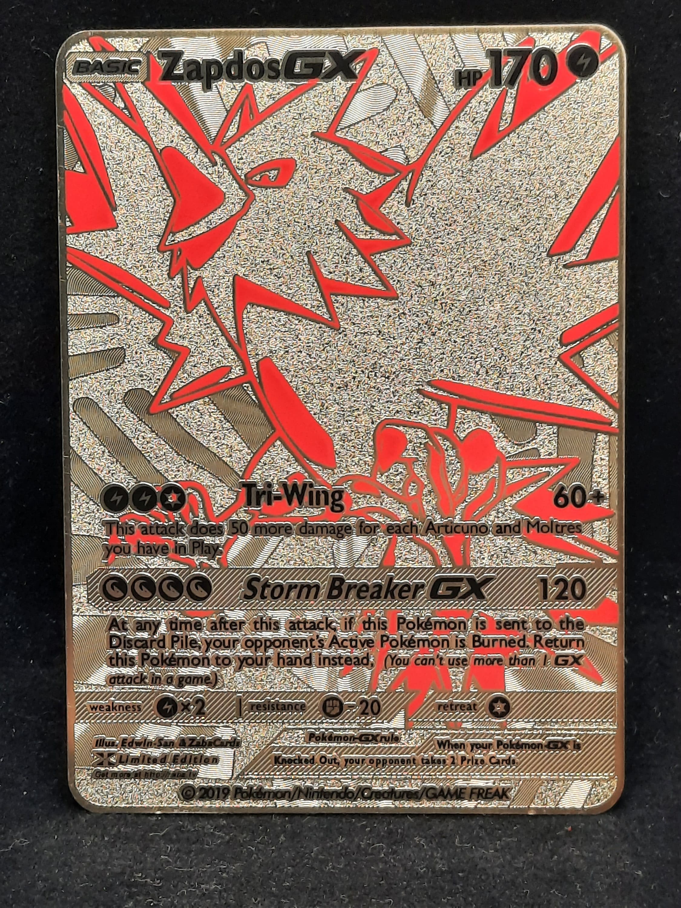 Zapdos GX Full Art Gold Metal Pokemon Card