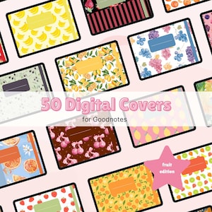 Peut inclure: Couvertures numériques pour Goodnotes avec divers motifs de fruits, notamment des bananes, des citrons, des raisins et des fraises. L'image présente une collection de couvertures numériques sur fond rose. Le texte indique "50 Digital Covers for Goodnotes" et "fruit edition".