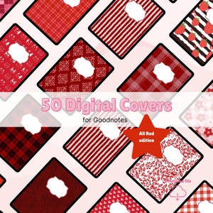 Könnte beinhalten: Eine Sammlung digitaler Cover für Goodnotes mit verschiedenen roten Mustern, darunter Streifen, Karos und florale Designs. Der Text "50 Digital Covers for Goodnotes" ist zu sehen, sowie ein Stern mit "All Red edition".