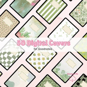 Könnte beinhalten: Eine Auswahl an digitalen Covern für Goodnotes mit verschiedenen Mustern und Designs. Die Cover umfassen Streifen, Blumenmuster und abstrakte Kunst, mit dem Text "50 Digital Covers for Goodnotes" als Overlay.
