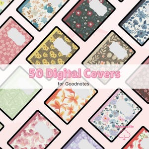 Könnte beinhalten: Eine Auswahl digitaler Cover für Goodnotes mit verschiedenen floralen und gemusterten Designs. Die Cover werden auf einem rosa Hintergrund angezeigt, mit dem Text "50 Digital Covers for Goodnotes" in der Mitte. Ein Download-Dateisymbol ist sichtbar.