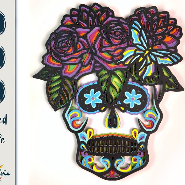 3D sugar skull multilayer SVG file, layered cut files for Cricut, floral skull CNC router files, dia de los muertos skull with flowers