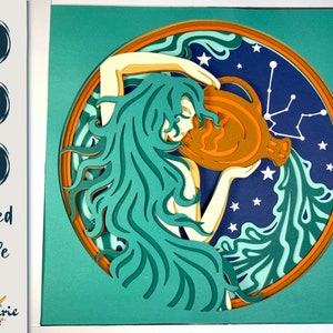 Fichier de coupe en couches SVG signe astrologique du zodiaque Verseau 3D, modèle de boîte d'ombre astrologie horoscope multicouche pour Cricut, Silhouette et Glowforge.
