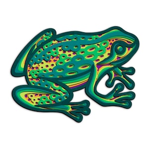 Puede incluir: Un recorte de papel en capas de color verde, amarillo y morado que representa una rana. La rana está en posición sentada, con las patas dobladas y la boca cerrada.