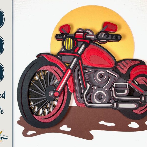 3D vintage motorcycle SVG layered cut file for a biker. Multilayer retro motorbike template for Cricut, Silhouette, and Glowforge.