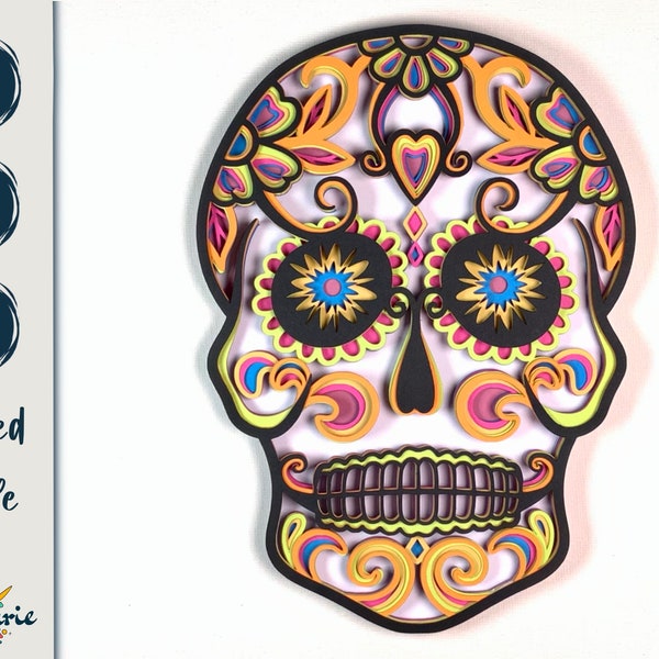 3D sugar skull multilayer SVG file, mandala layered skull SVG for Cricut, floral skull CNC router files, dia de los muertos for Glowforge