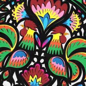 May include: A colorful paper cut-out design featuring two roosters facing each other. The roosters are surrounded by floral designs in shades of red, yellow, green, blue, and pink.