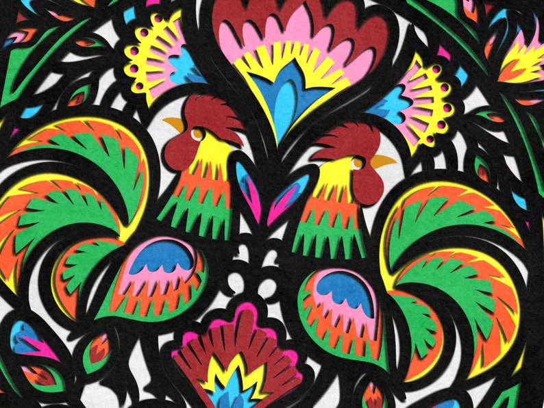 May include: A colorful paper cut-out design featuring two roosters facing each other. The roosters are surrounded by floral designs in shades of red, yellow, green, blue, and pink.