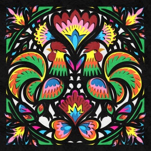 May include: A colorful paper cut design featuring two roosters facing each other, surrounded by flowers and leaves. The roosters are green, red, yellow, and blue, and the flowers are pink, yellow, and blue.