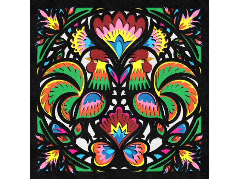 May include: A colorful paper cut design featuring two roosters facing each other, surrounded by flowers and leaves. The roosters are green, red, yellow, and blue, and the flowers are pink, yellow, and blue.