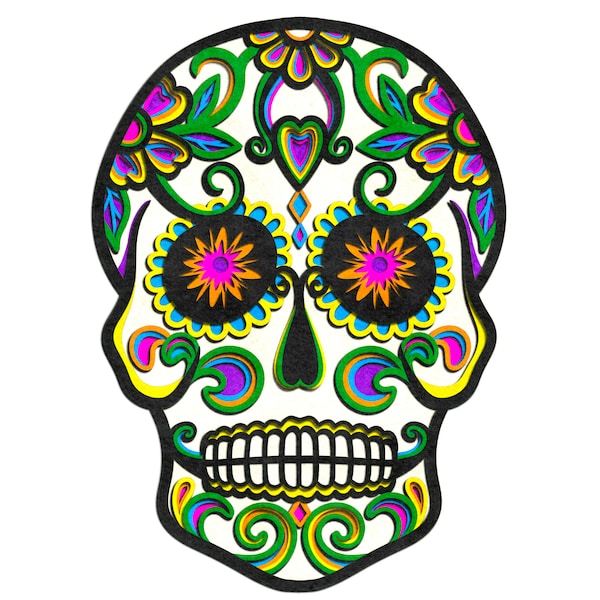 Fichier SVG multicouche 3D tête de mort en sucre, mandala tête de mort en couches SVG pour Cricut, fichiers de routeur CNC tête de mort floral, dia de los muertos pour Glowforge