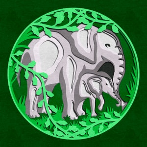 May include: A paper cut-out of two elephants, a mother and a baby, standing in a green leafy forest. The elephants are white and grey, and the leaves are green.