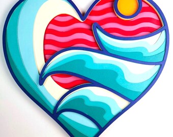 3D Ocean Heart SVG: Layered Sunset Wave Cut File (Digital Download)