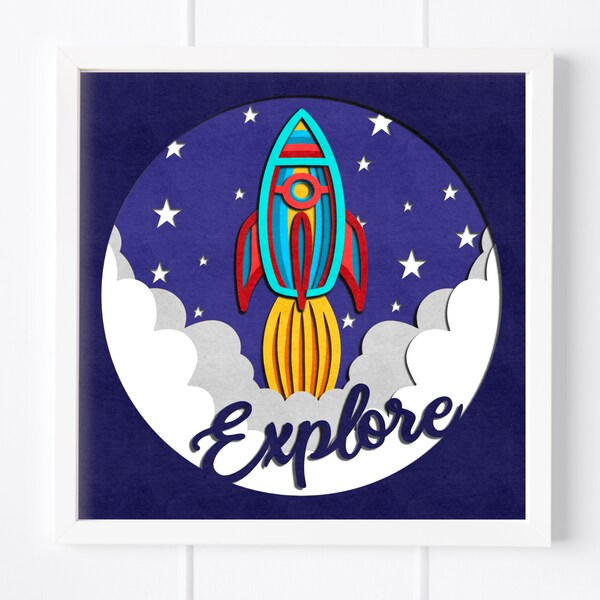 3D spaceship SVG layered cut file for cricut, silhouette, cnc router and glowforge. Rocketship shadow box, space themed cut files